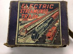 Electric Streamlined Train set in original box with locomotive, three coaches and track set made in