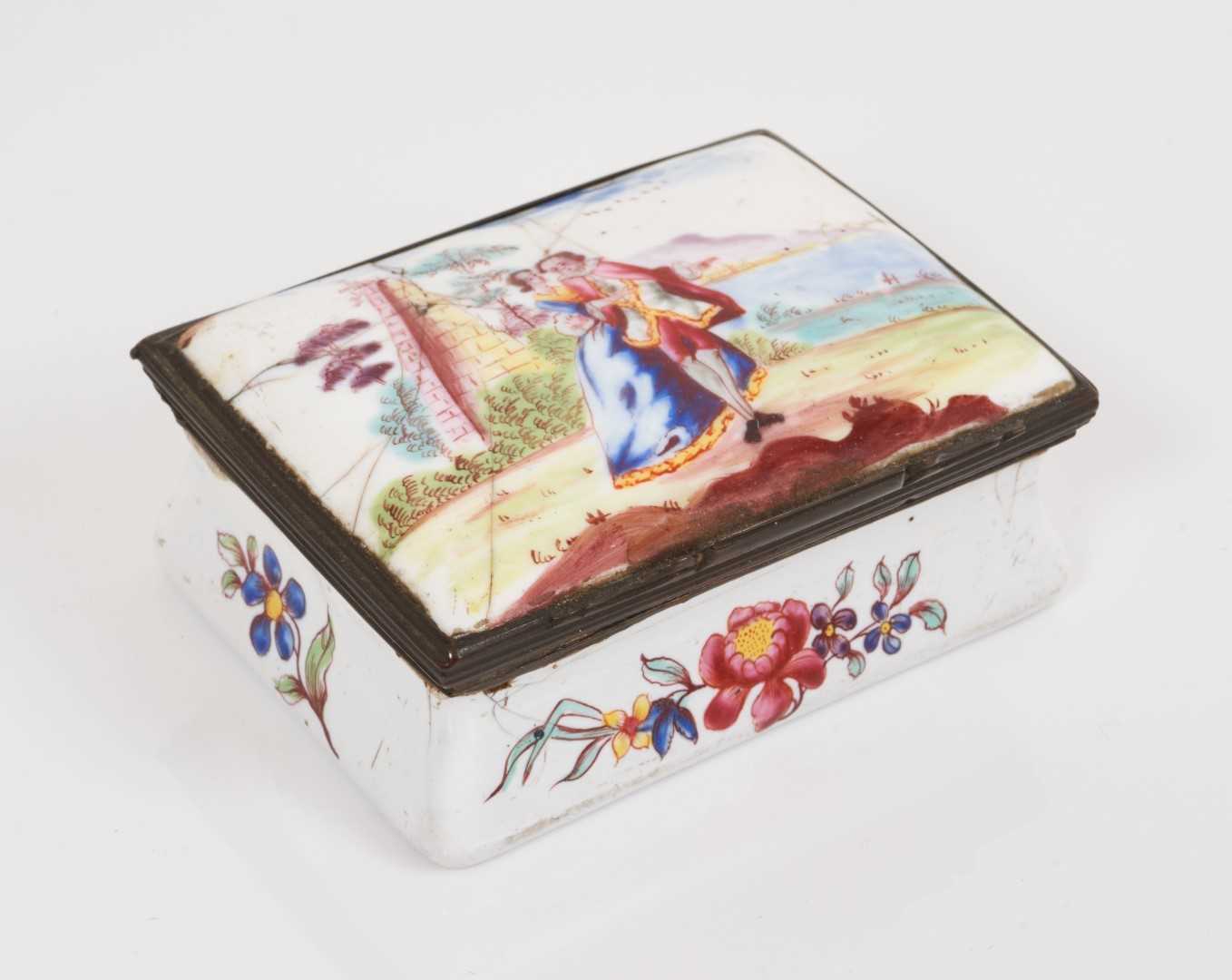 Large South Staffordshire enamel rectangular snuff box, painted with a couple, circa 1760 - Image 8 of 9