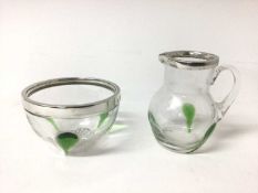 Art Nouveau silver mounted glass cream jug and sugar bowl with applied green glass decoration, hallm