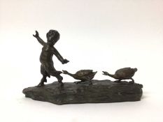 Ruffino Besserdich - late 19th century bronze sculpture of a faun being chased by geese, signed. 19c