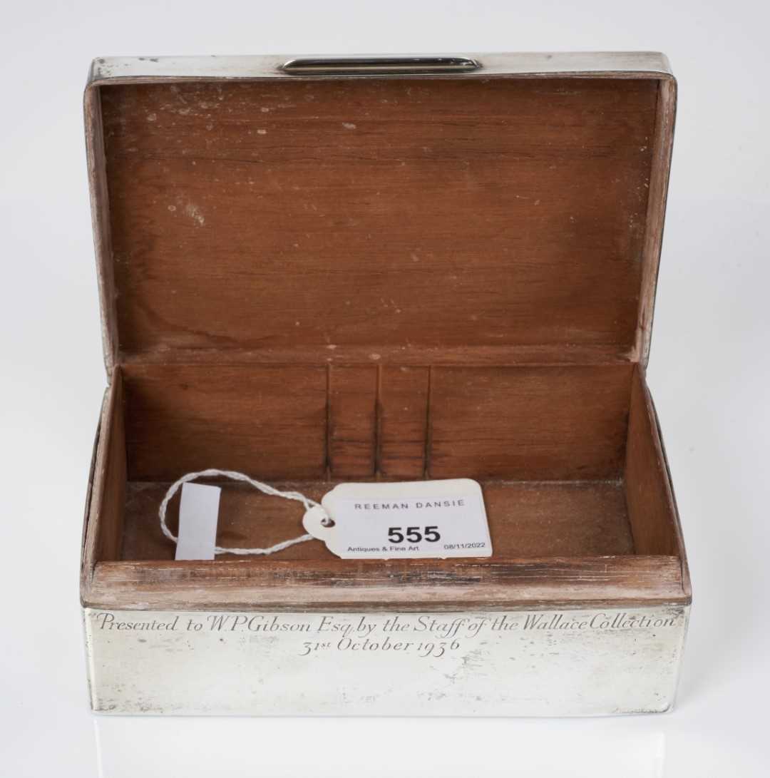 George V silver cigarette box of rectangular form with engine turned decoration and engraved present - Image 2 of 2