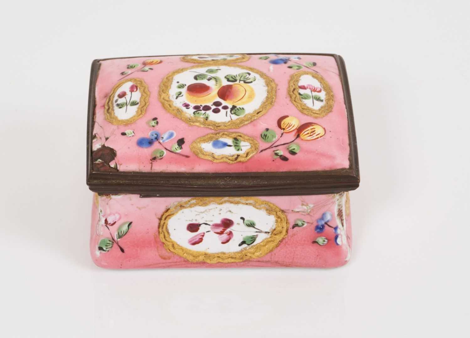 South Staffordshire pink ground rectangular snuff box circa 1770