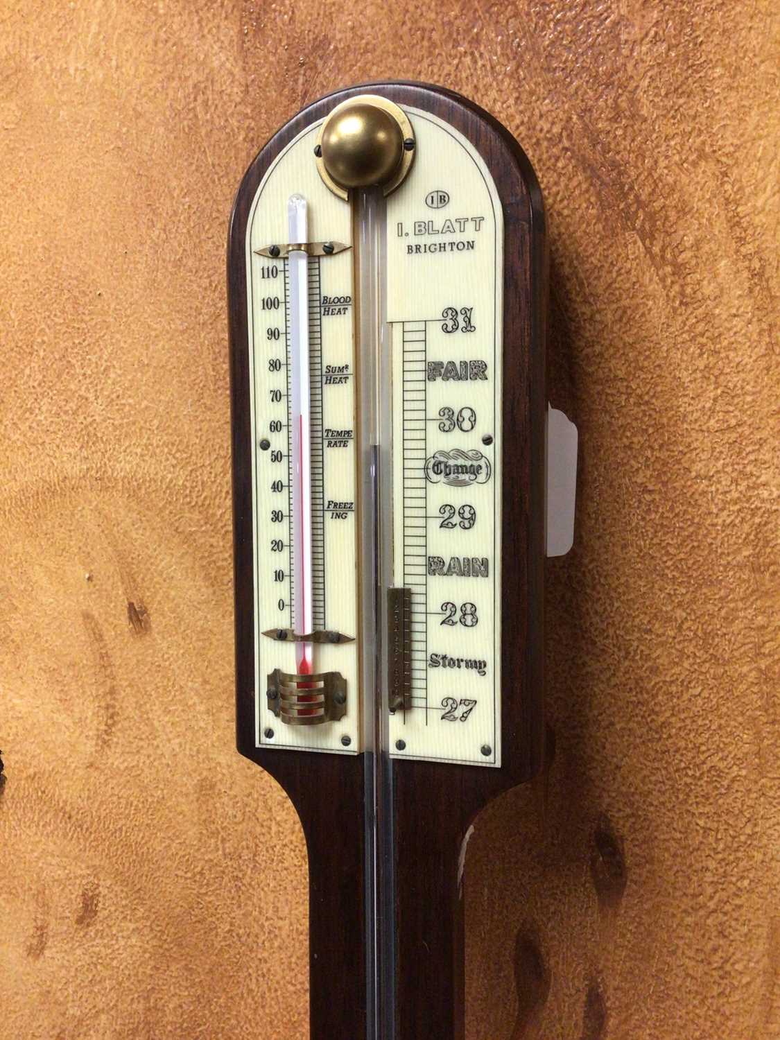 Contempory stick barometer thermometer by Blatt, Brighton with faux ivory scale in mahogany case, 90 - Image 2 of 6