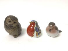 Royal Crown Derby robin paperweight, Bing & Grondahl bird and Poole pottery owl ornament 7-9 cm (3)