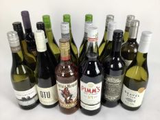 Eighteen bottles, mixed red and white wines, together with a bottle of Pimm's and Captain Morgan Spi