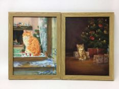 A pair of oils on canvas of kittens at Christmas