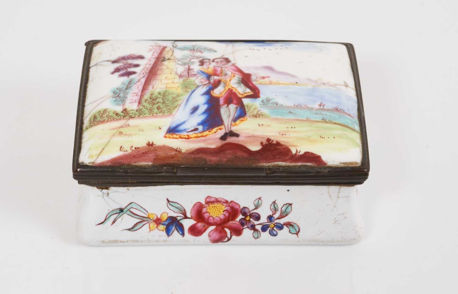 Large South Staffordshire enamel rectangular snuff box, painted with a couple, circa 1760 - Image 7 of 9