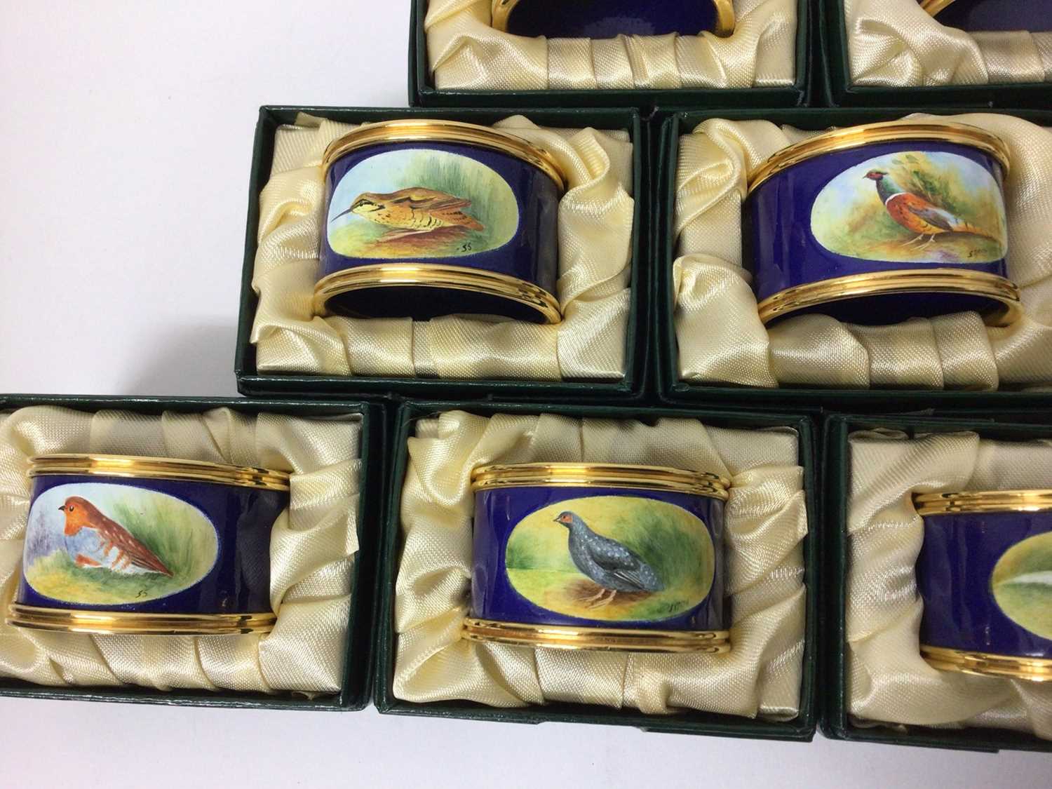 Collection of ten Graham Payne Studios Worcester hand decorated napkin rings painted with British bi - Image 3 of 7