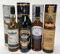 Whisky - four bottles, Bowmore Islay Single Malt, Genfiddich (1 litre), Glenmorangie Ten Years Old a