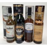 Whisky - four bottles, Bowmore Islay Single Malt, Genfiddich (1 litre), Glenmorangie Ten Years Old a