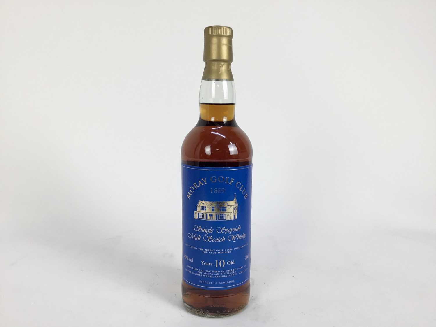 One bottle of Moray Golf Club 1889 single Speyside Malt Scotch Whisky, 10 years old, 70cl.