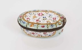 South Staffordshire ‘green chintz’ ground oval snuff box and cover, circa 1760