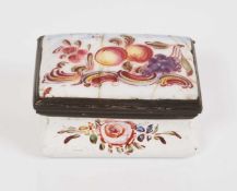 South Staffordshire rectangular snuff box, painted with fruits, circa 1760