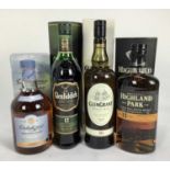 Whisky - four bottles, Glen Grant 16 years old, Glenfiddich 12 years old, Dalwhinnie Winters Gold an