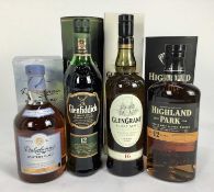 Whisky - four bottles, Glen Grant 16 years old, Glenfiddich 12 years old, Dalwhinnie Winters Gold an
