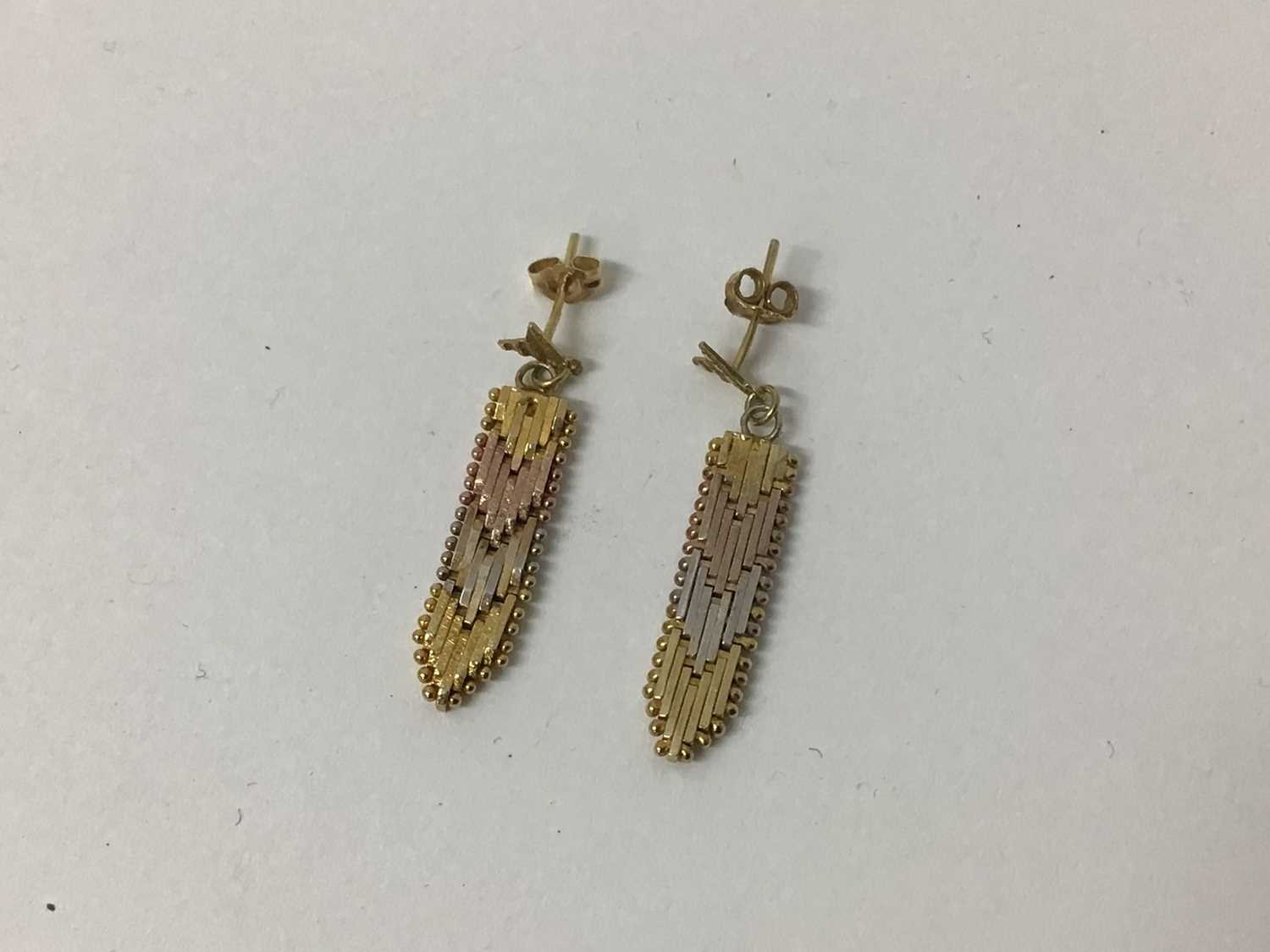 Pair 9ct three colour gold pendant earrings