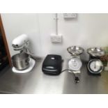 A Kitchen Aid 5KPM50 enamelled electric food mixer with stainless steel bowl, George Foreman 18471 e