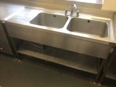 A stainless steel double bowl sink unit, with mixer tap and undershelf, 1500 mm