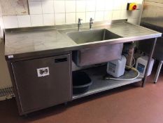 A stainless steel single bowl sink unit, with two taps, integral cabinet and shelf under, 1800 mm