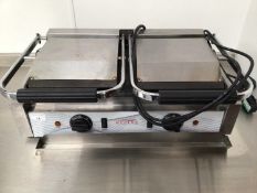A Modena TPG 9 stainless steel double electric griddle, cables and plugs
