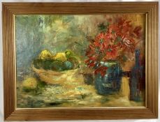 Two oils on board in frames - still life of fruit and flowers, 46cm x 64cm and 55cm x 77cmm.