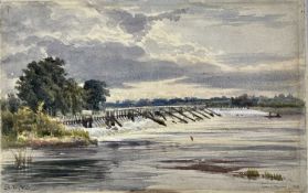 J. Lennox Browne (act.1868-1902) watercolour - Sunbury Weir, signed, titled and dated 1878, 14cm x 2