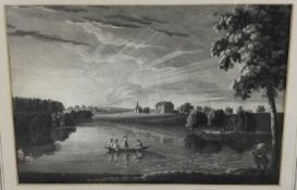 18th century black and white engraving - figures in a rowing boat, a country house beyond, 25cm x 36