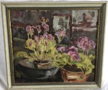 T. M. Kitwood, mid 20th century, oil on canvas - still life, "Primulas", signed and dated 1955 verso
