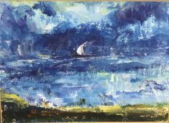 French gouache on paper - boat at sea, 23cm x 16cm, in glazed frame, 42cm x 33cm overall