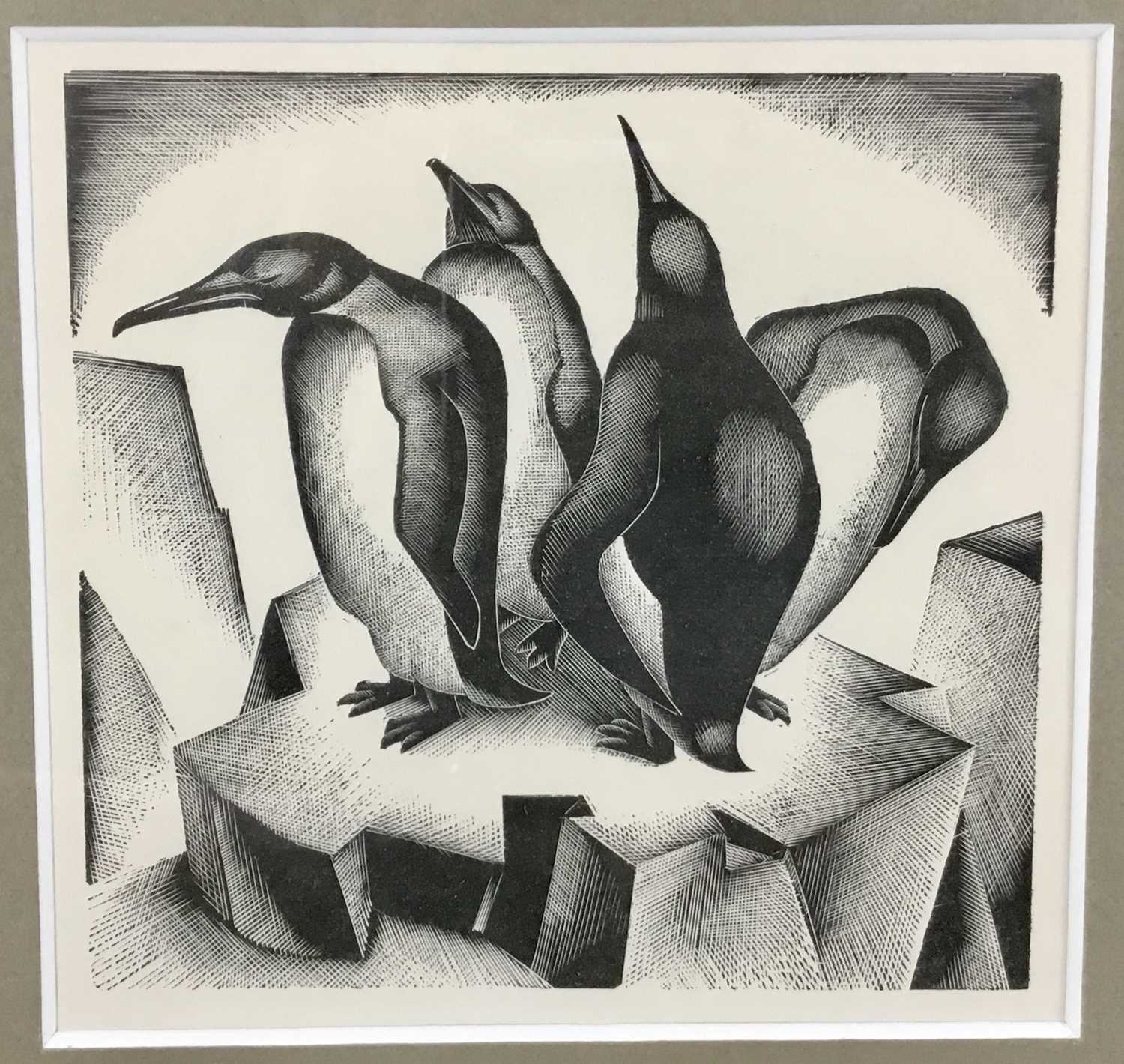 Agnes Miller Parker woodcut print - penguins, 12.5cm x 13cm, unsigned in glazed frame