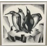 Agnes Miller Parker woodcut print - penguins, 12.5cm x 13cm, unsigned in glazed frame