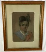A group of five pictures - a pastel portrait of a Scottish boy in birds eye Maple frame, a watercolo
