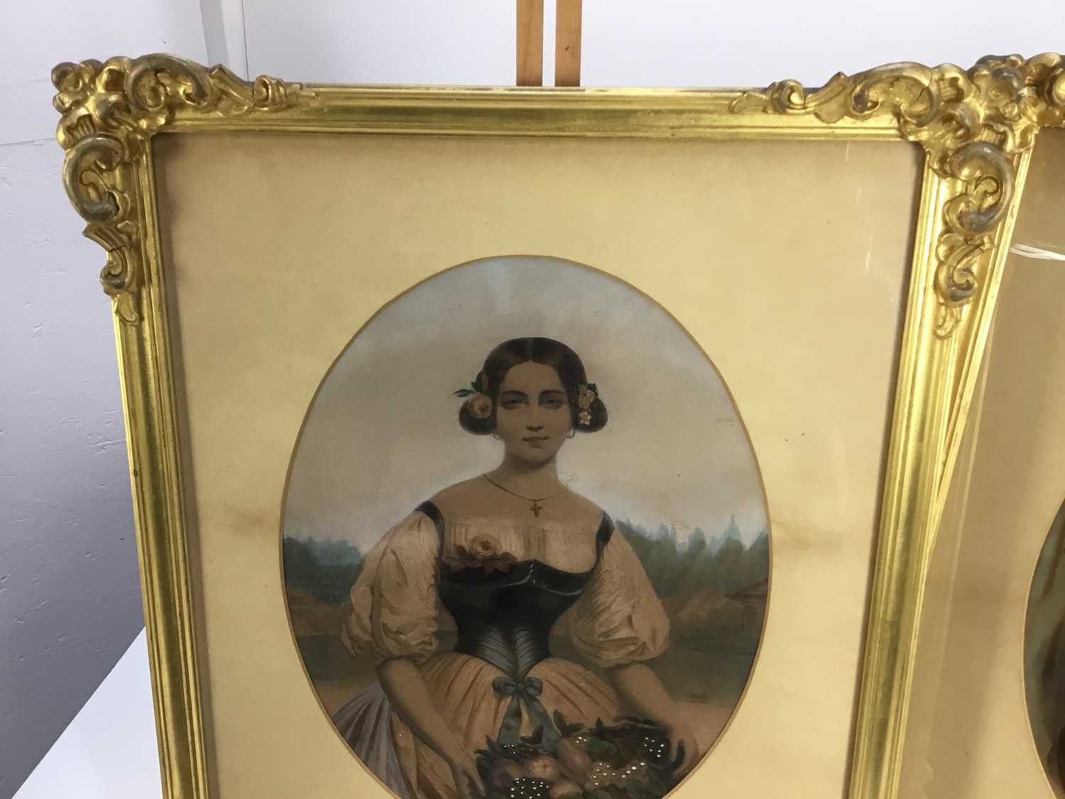 Mid 19th century oil on canvas in gilt frame- portrait of a lady, together with a pair of mid 19th c - Image 2 of 9