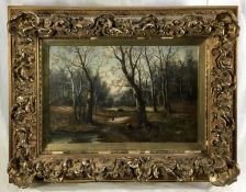 Late 19th century oil on panel - figure in a forest, signed William, 31cm x 47cm, in ornate gilt fra