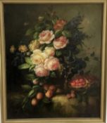 F. Suzan, oil on wood board - A still life with fruit, 51cm x 61cm in gilt frame