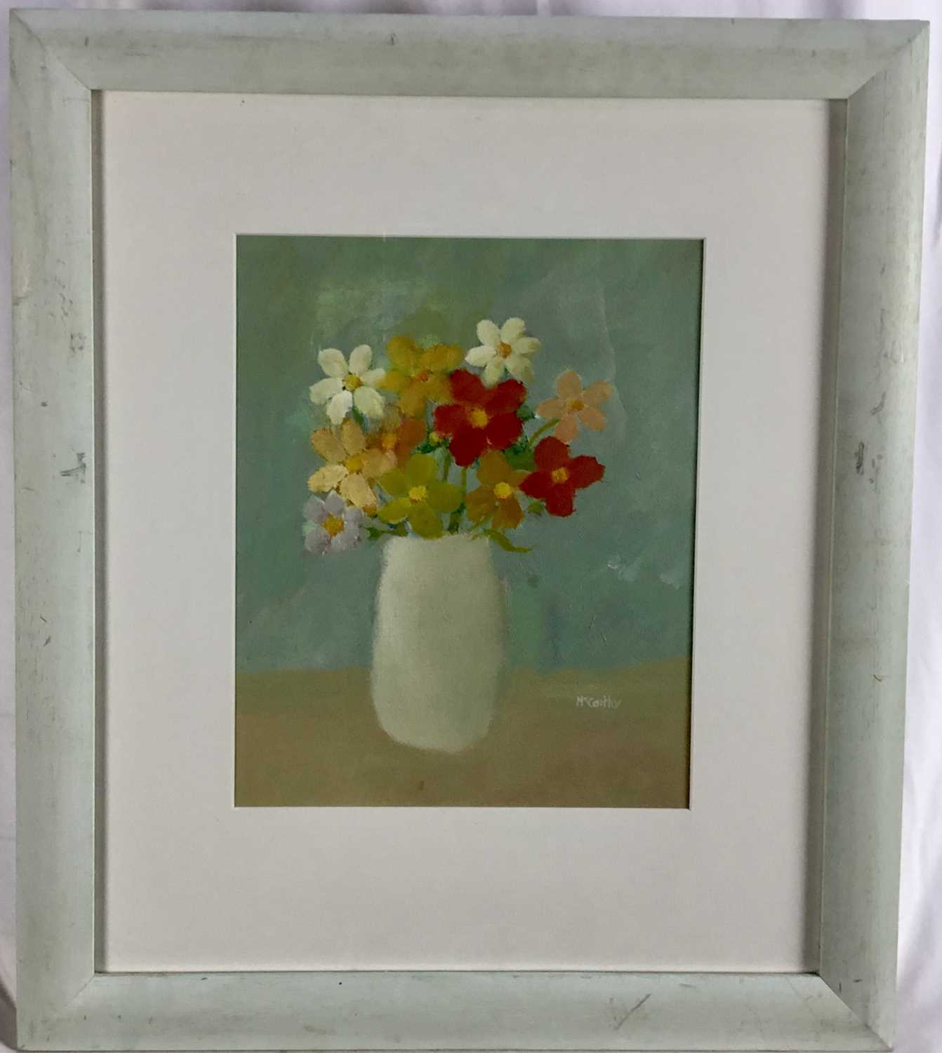 Peter McCarthy, (born 1955) contemporary oil on board 'white vase of mixed flowers' 32cm x 26cm.