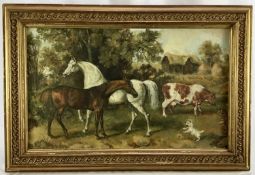 English School oil on card - horses and cattle, 43.5cm x 26cm, in gilt frame, 54cm x 37cm overall