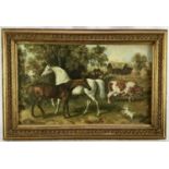 English School oil on card - horses and cattle, 43.5cm x 26cm, in gilt frame, 54cm x 37cm overall