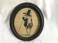 European School, 18th century, watercolour of a man leaning on his stick, 19cm x 16cm, in oval metal