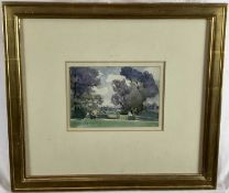 Sir Alfred East RA (1849-1913) watercolour - landscape with river, 19cm x 13cm in glazed gilt frame