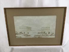 Late 18th / early 19th century Grand Tour monochrome sketch - the Temples at Paestum, framed