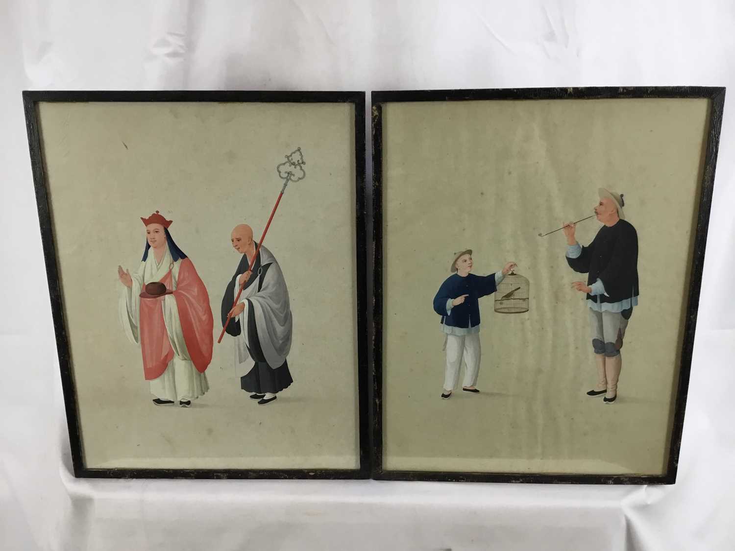 Two antique Japanese gouache works on paper - priest figures and boy with a bird cage, both 27cm x 3 - Image 2 of 5