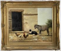Donna Crawshaw (b.1960) oil on canvas - ‘An Empty Bowl’, poultry, a sheepdog and a donkey by a stabl