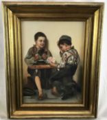 Italian School 20th Century, oil on canvas - boys playing cards, indistinctly signed, 39cm x 29cm
