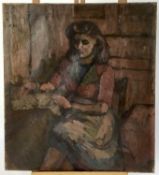 Modern British oil on canvas - seated woman, 41cm x 46cm unframed