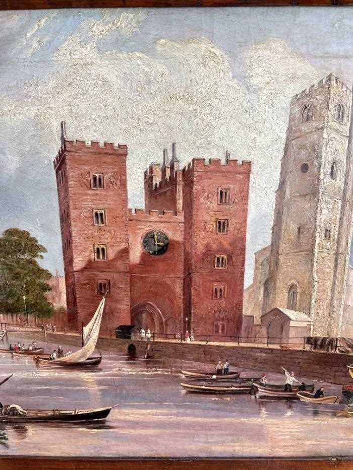 English School, 19th century, oil on canvas - Lambeth Palace from the Thames, 44cm x 60cm, in 19th c - Image 3 of 14