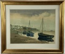 Watercolour of boats in glazed gilt frame, Aubrey Williams limited edition print -Woodbridge Tide Mi