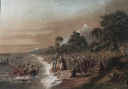 19th century overpainted print of missionaries being welcomed
