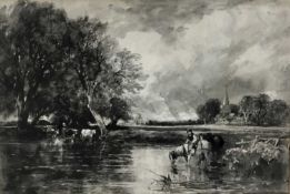 Monochrome watercolour after John Constable of figure and cattle at a ford, in glazed frame 69cm x 5