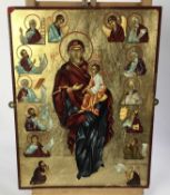 Icon style oil on panel depicting The Madonna and Child and Dan saints, 40cm x 31cm